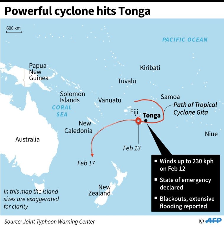 Map showing Tonga and path of a powerful cyclone