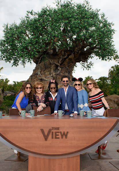 (L-R) In this handout photo provided by Disney Resorts, hosts Sunny Hostin, Joy Behar, Whoopi Goldberg, guest John Stamos, Sara Haines and Jedediah Bila pose on ABC's 