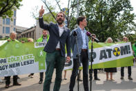 Members of the European Greens party Gabor Vago and Bas Eickhout campaign for the European Elections in Budapest, Hungary May 3, 2019. Gabor Banko/LMP/Handout via REUTERS