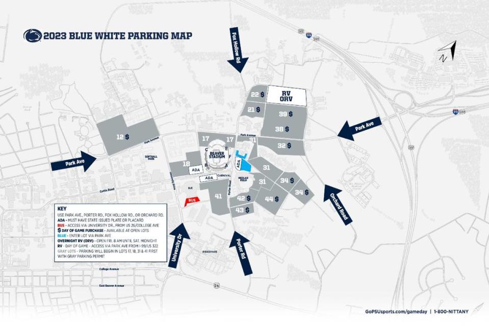 Penn State’s Blue-White parking map, courtesy of Penn State Athletics. Lots marked with a $ will accept day-of-game parking payments