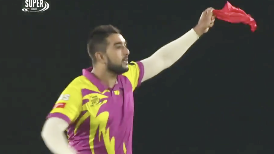 South African spinner Tabraiz Shamsi produced a red handkerchief after getting a wicket in a domestic T20 competition, which he then used for a magic trick. Picture: Mzansi Super League