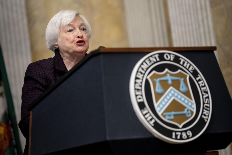 Treasury Secretary Janet Yellen speaks during an anti-corruption panel discussion as part of the 2023 Summit for Democracy at the Treasury Department, Tuesday, March 28, 2023, in Washington. (AP Photo/Andrew Harnik)