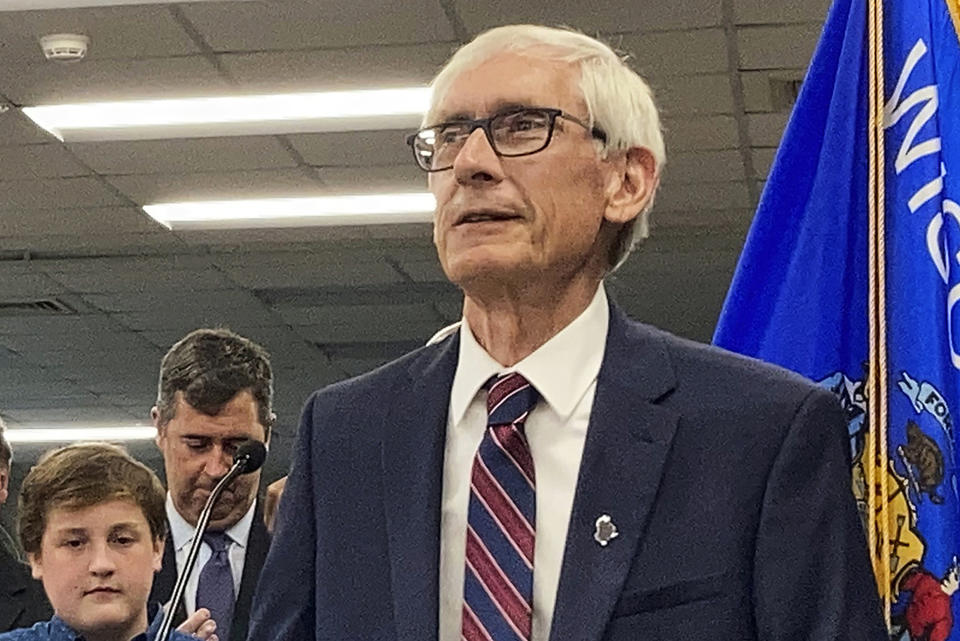 FILE - Democratic Wisconsin Gov. Tony Evers speaks at Cumberland Elementary School, July 8, 2021, in Whitefish Bay, Wis. On Friday, April 15, 2022, the Wisconsin Supreme Court adopted Republican-drawn maps for the state Legislature, after initially approving maps drawn by Evers. (AP Photo/Scott Bauer, File)