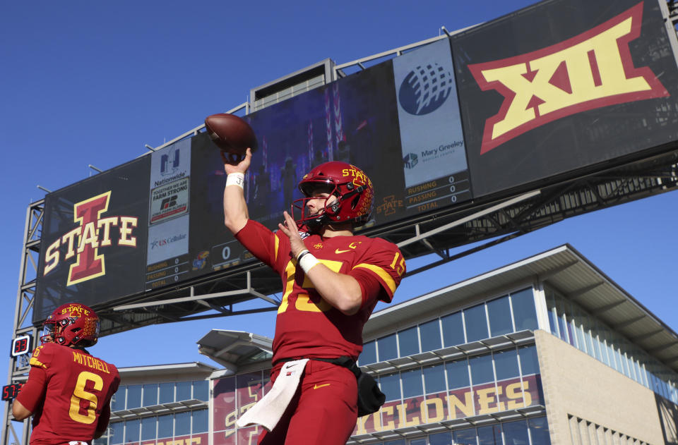 Iowa State quarterback Brock Purdy warms up before an NCAA college football game against Kansas, Saturday, Nov. 23, 2019, in Ames, Iowa. (AP Photo/Matthew Putney)