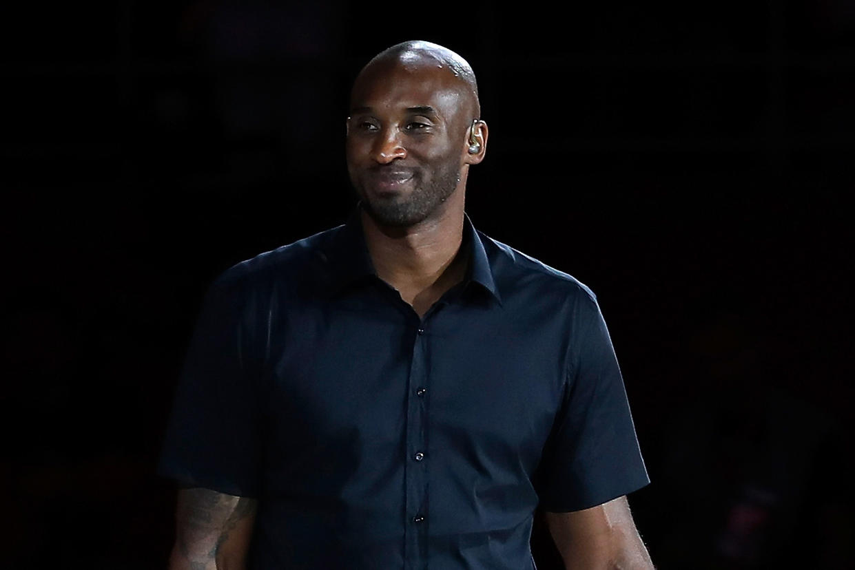 BEIJING, CHINA - SEPTEMBER 15: NBA legend Kobe Bryant takes part in a ceremony during the FIBA World Cup 2019 final match between Argentina and Spain at Beijing Wukesong Sport Arena on September 15, 2019 in Beijing, China. (Photo by Xinyu Cui/Getty Images)