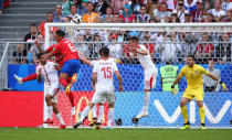 Soccer Football - World Cup - Group E - Costa Rica vs Serbia - Samara Arena, Samara, Russia - June 17, 2018 Serbia's Sergej Milinkovic-Savic heads the ball clear as Costa Rica's Oscar Duarte challenges REUTERS/Michael Dalder