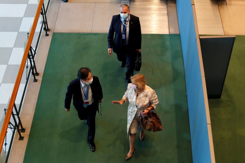 FILE PHOTO: Diplomats arrive through the delegates entrance at the 75th annual U.N. General Assembly at U.N. headquarters in New York