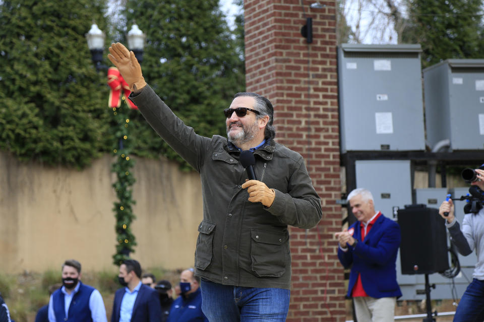 SUGAR HILL, GA - JANUARY 03: U.S. Senator Ted Cruz waves to the crowd as he is introduced during the SAVE AMERICA TOUR at The Bowl at Sugar Hill on January 3rd, 2021 in Sugar Hill, Georgia. Cruz is an American politician and attorney serving as the junior United States Senator for Texas since 2013. He was also runner-up for the presidential nomination in the 2016 election.  (Photo by David J. Griffin/Icon Sportswire)