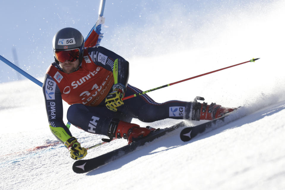 Norway's Aleksander Aamodt Kilde speeds down the course during an alpine ski, men's World Cup giant slalom race, in Adelboden, Switzerland, Saturday, Jan. 7, 2023. (AP Photo/Giovanni Pizzato)