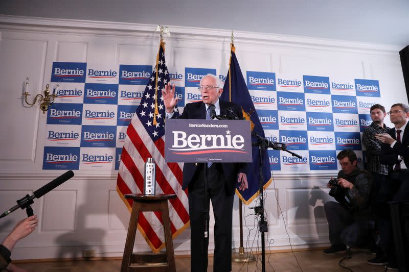 Senator Bernie Sanders speaks at a press conference at his campaign office in Burlington, Vermont