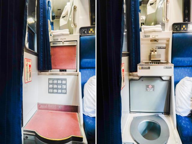 Side-by-side photos show the toilet seat opened and closed inside the Amtrak roomette.