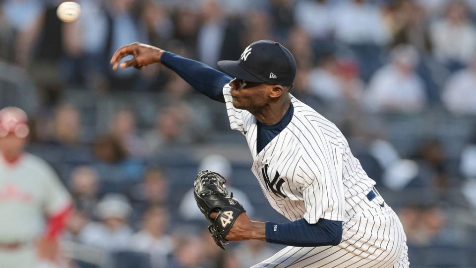 Apr 4, 2023; Bronx, New York, USA; New York Yankees starting pitcher Domingo German (0) delivers a pitch during the first inning against the Philadelphia Phillies at Yankee Stadium.