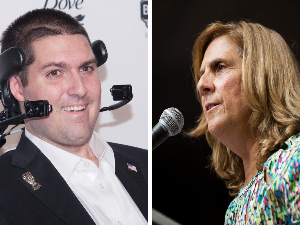 Pete Frates, who died of ALS in 2019, is pictured in his wheelchair at an awards ceremony. The next photo shows his mom, Nancy Frates, giving a speech.