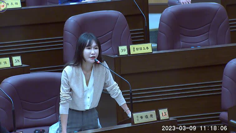 昔日鄉民女神qn、民進黨議員黃瓊慧在議會發言遭砲轟。（圖：桃園市議會議事直播影片）