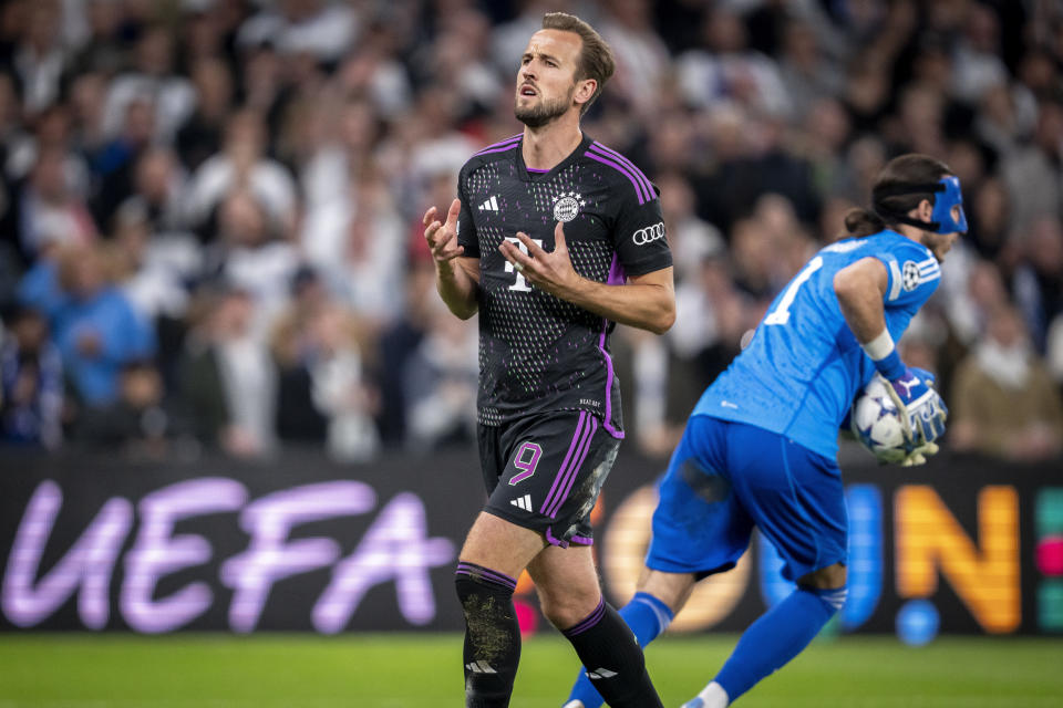 Bayern's Harry Kane reacts during the Champions League group A soccer match between FC Copenhagen and FC Bayern Munich in Copenhagen, Denmark, Tuesday, Oct. 3, 2023. (Mads Claus Rasmussen/Ritzau Scanpix via AP)