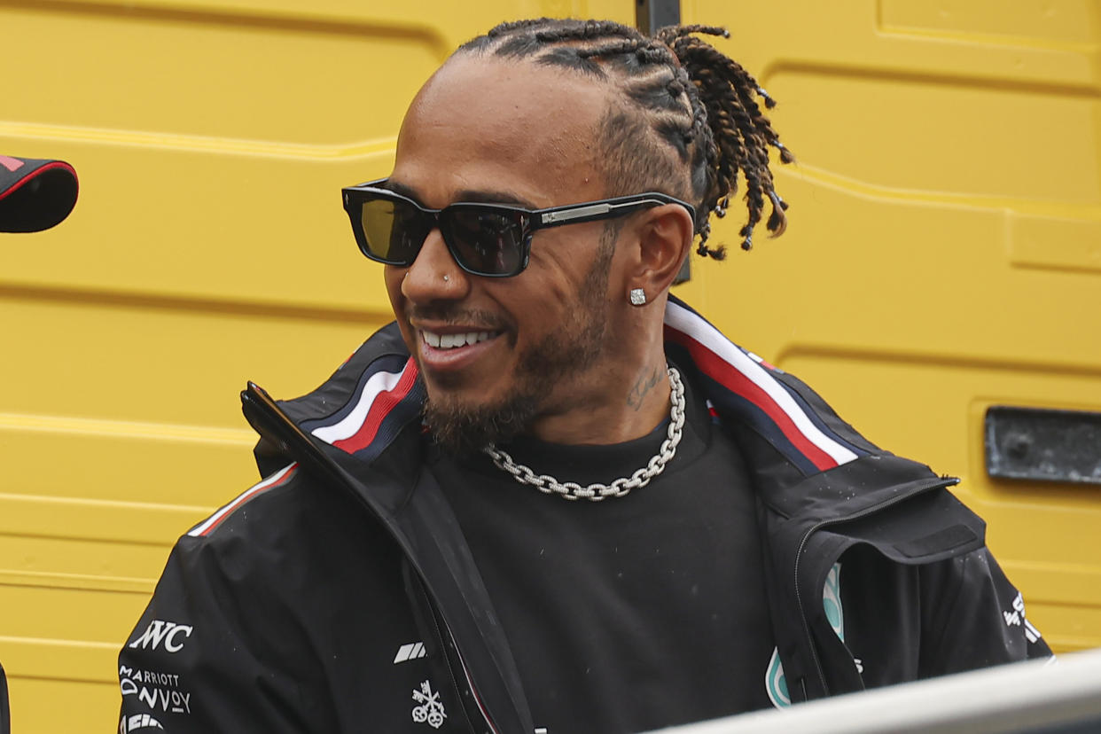 Lewis Hamilton of Great Britain as seen at the Drivers' Parade ahead of the race. Hamilton is driving the racing car no 44 a W14 of Mercedes AMG Petronas F1 Team at the Dutch GP Formula 1 World Championship race. A challenging race after a heavy downpour rain led to red flag and temporary stop at the closing stages of Formula One Grand Prix of the Netherlands at Circuit Zandvoort, Netherlands on August 27, 2023 (Photo by Nicolas Economou/NurPhoto via Getty Images)