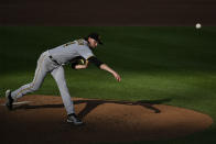 Pittsburgh Pirates starting pitcher JT Brubaker throws during the third inning of the team's baseball game against the Baltimore Orioles, Saturday, Aug 6, 2022, in Baltimore. (AP Photo/Terrance Williams)