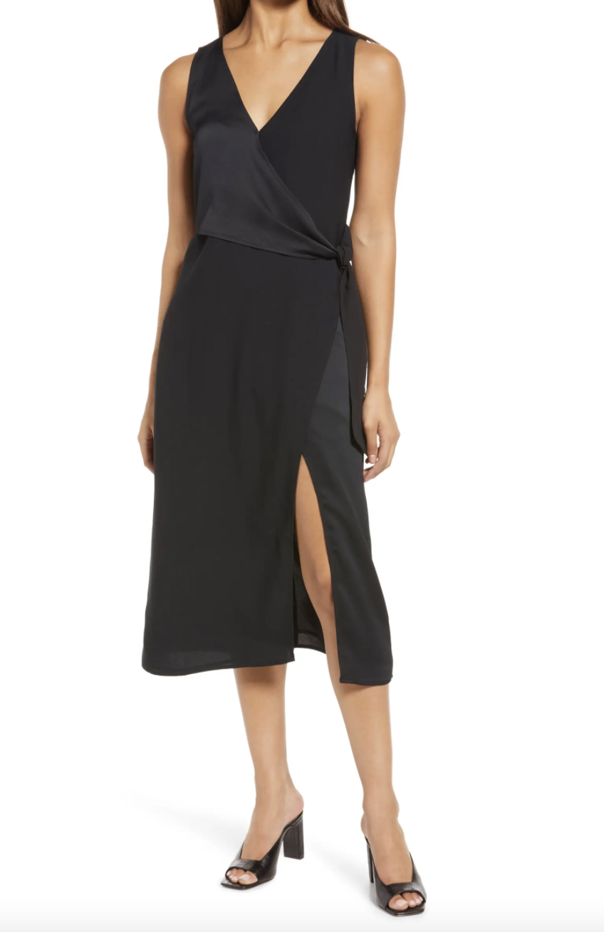 Halogen Satin Mix Sleeveless Dress in black sleeveless with black heels (Photo via Nordstrom)