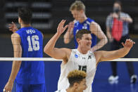 Hawaii's Patrick Gasman (15) celebrates after a Hawaii point during the NCAA men's volleyball championship match against BYU, Saturday, May 8, 2021, in Columbus, Ohio. (AP Photo/David Dermer)