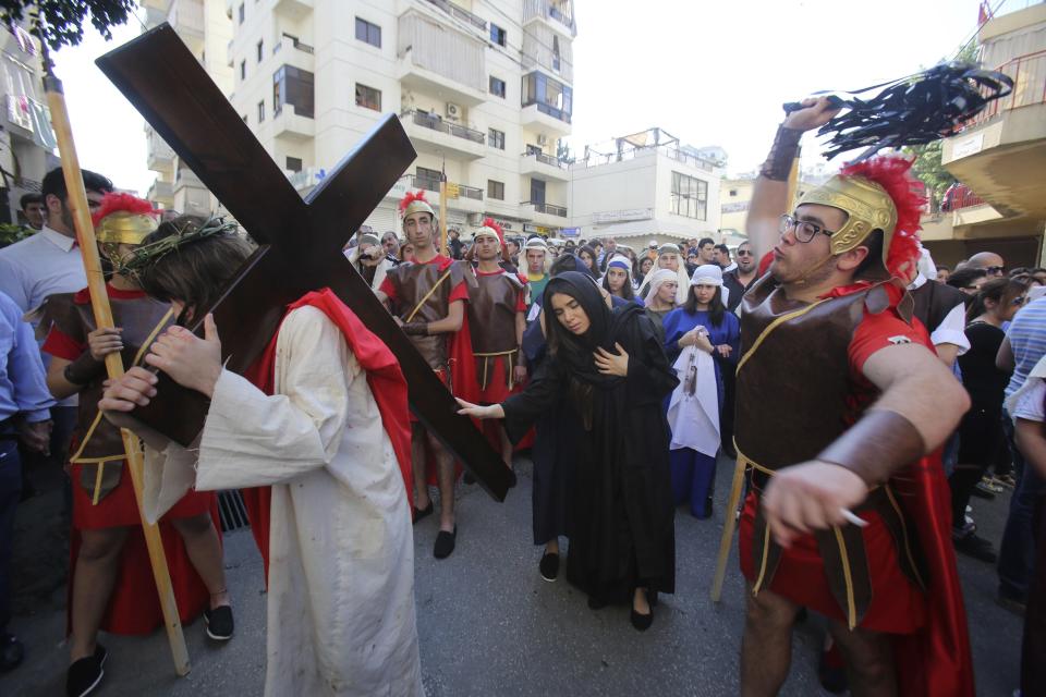 Lebanese Christians take part in re-enactment of crucifixion of Jesus Christ on Good Friday beside Mar Joseph Chruch, Dhour Sarba