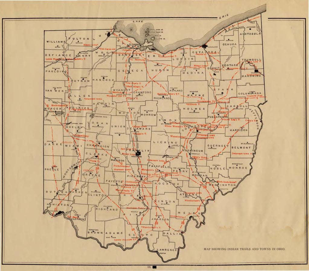 A map shows Native American trails that crisscrossed Ohio.