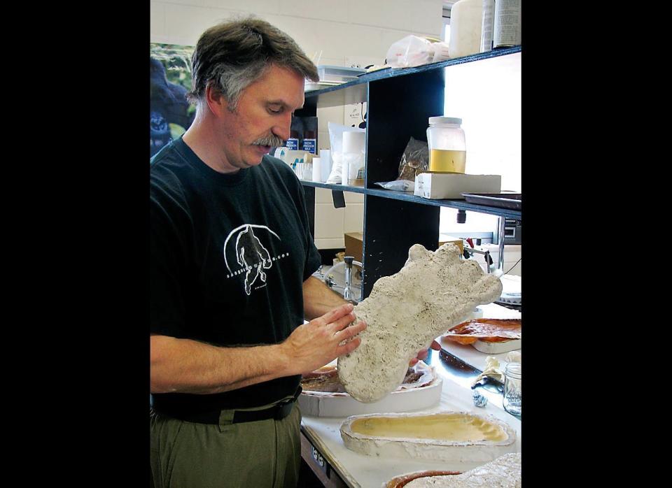 Idaho State University professor Jeffrey Meldrum displays what he said is a cast of a Bigfoot footprint from eastern Washington in September 2006. Some scientists said the school should revoke Meldrum's tenure.