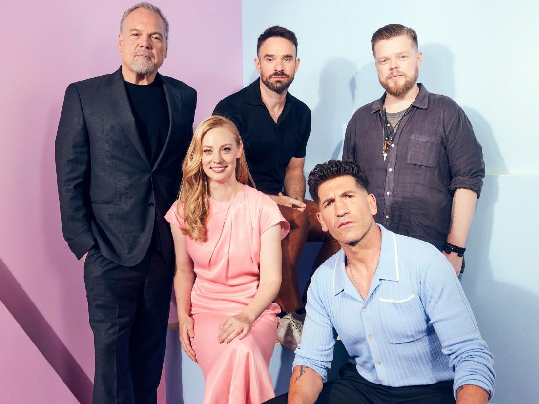 ANAHEIM, CALIFORNIA - AUGUST 09: (L-R) Vincent D'Onofrio, Deborah Ann Woll, Charlie Cox, Jon Bernthal and Elden Henson of 