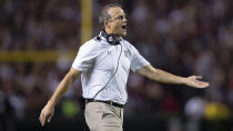 South Carolina head coach Shane Beamer yells at his players during the second half of an NCAA college football game against Kentucky, Saturday, Sept. 25, 2021, at Williams-Brice Stadium in Columbia, S.C. (AP Photo/Hakim Wright Sr.)