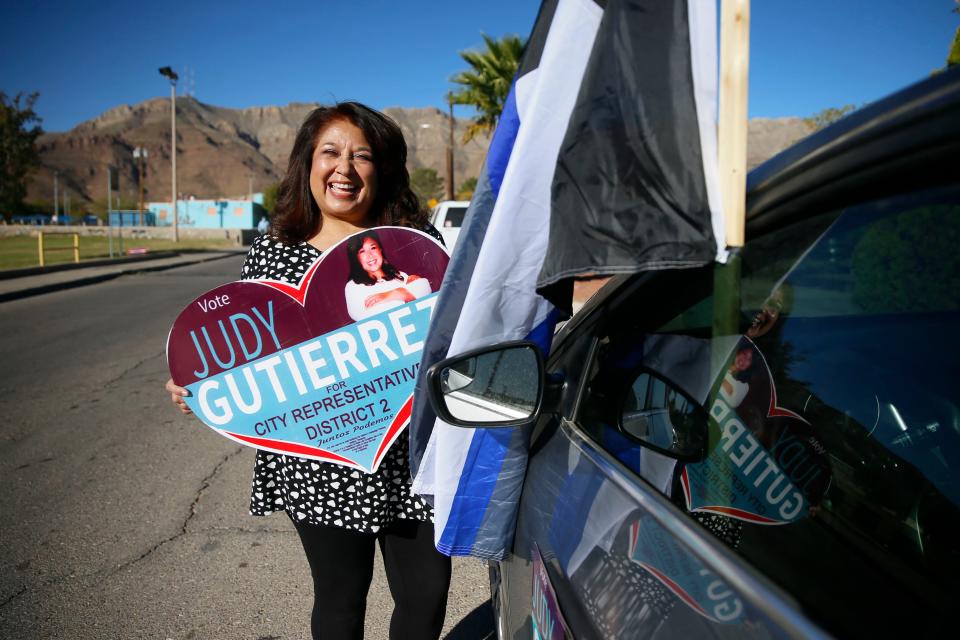 Judy Gutierrez, candidate for City Council, District 2, campaigning on Election Day, Tuesday, Nov. 3, 2020, at Grandview Park Senior Citizen Center in El Paso.