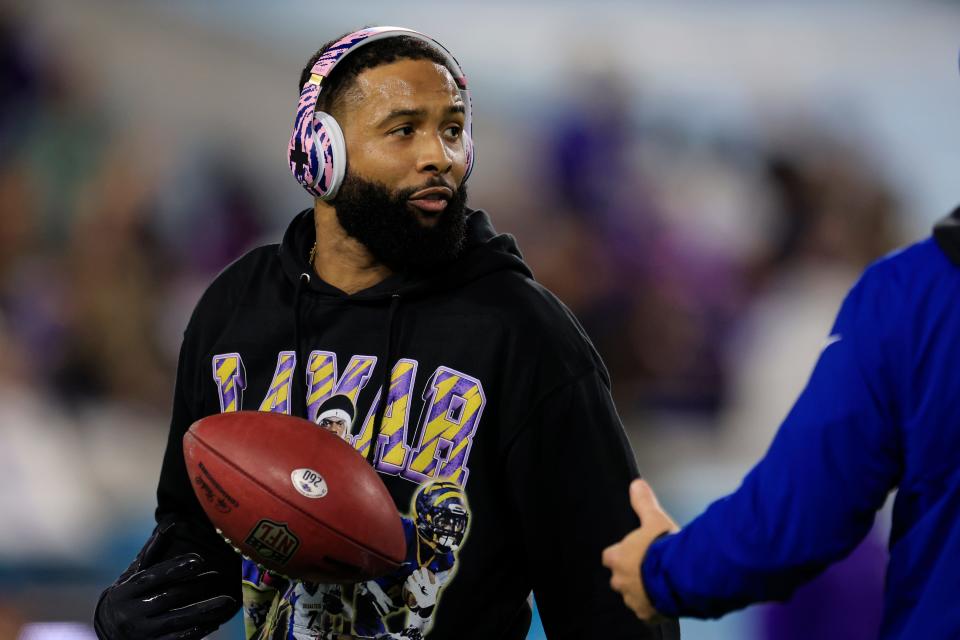 Baltimore Ravens wide receiver Odell Beckham Jr. (3) warms up before a regular season NFL football matchup Sunday, Dec. 17, 2023 at EverBank Stadium in Jacksonville, Fla. [Corey Perrine/Florida Times-Union]