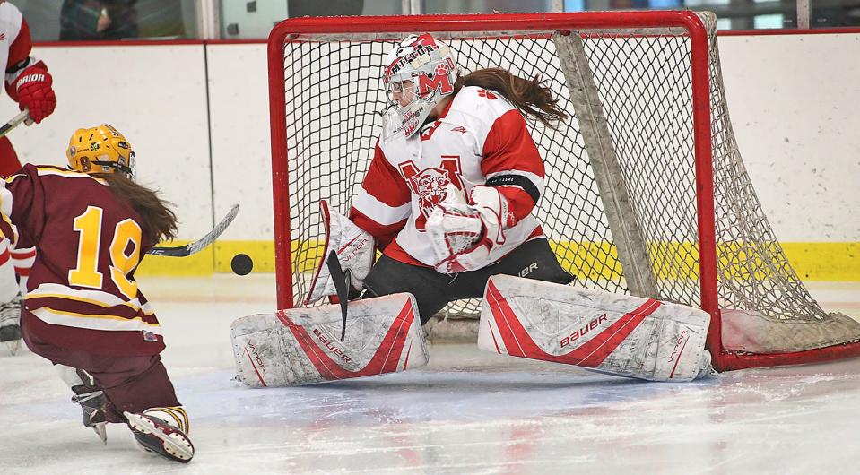 Milton goalie Lila Chamoun makes a save off her blocker on a shot by Weymouth's Mairead O'Connell at the Ulin Rink on Friday, Feb. 18, 2022.