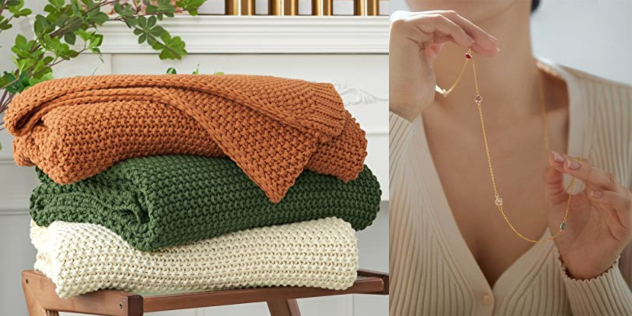 stack of cable knit blankets and a woman wearing a necklace