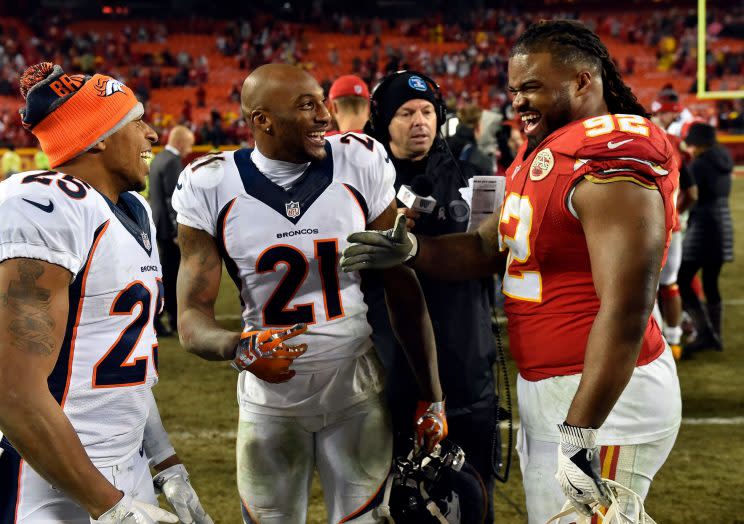 There were no hard feelings from the Broncos' Chris Harris (L) and Aqib Talib against the Chiefs' Dontari Poe. (Getty Images) 