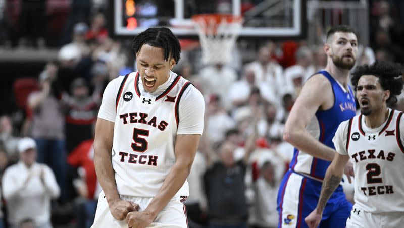 Texas Tech guard Darrion Williams (5) reacts to a score against Kansas during a game on Monday, Feb. 12, 2024, in Lubbock, Texas.