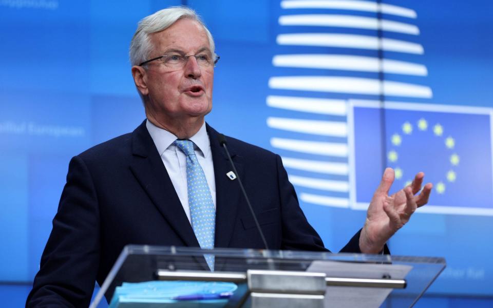 European Commission's Head of Task Force for Relations with the United Kingdom Michel Barnier gives a press conference on the first day of the face-to-face European Union (EU) summit at the European Council Building in Brussels, on October 15, 2020 - KENZO TRIBOUILLARD/AFP