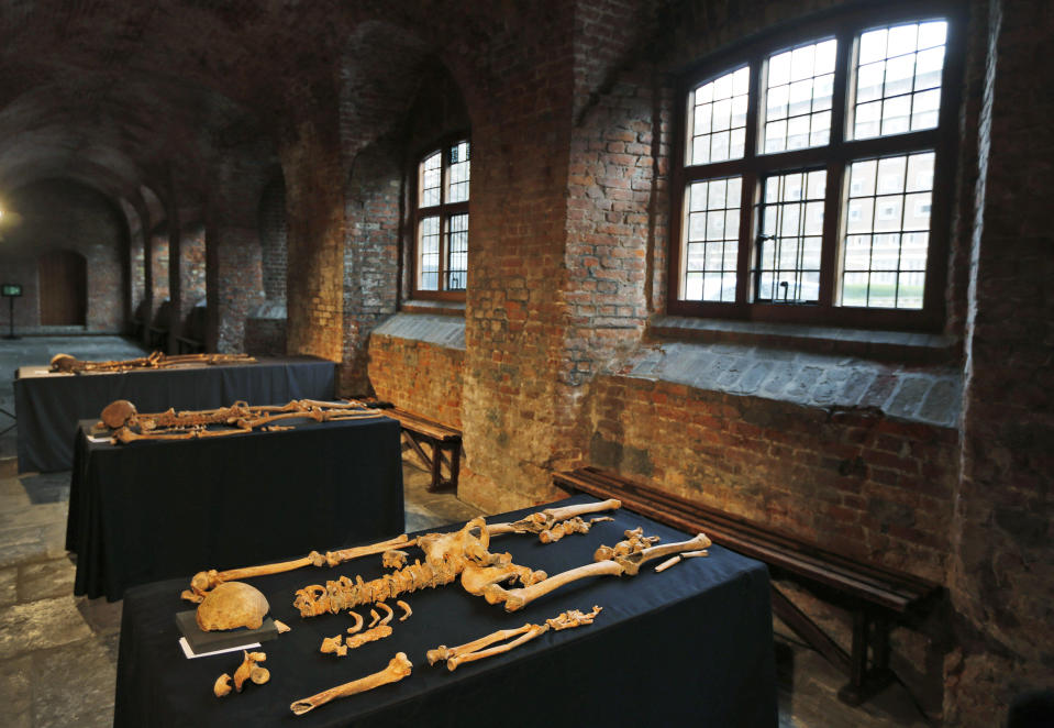 In this Wednesday, March 26, 2014 photo, some of the skeletons found by construction workers under central London's Charterhouse Square are pictured. Twenty-five skeletons were uncovered last year during work on Crossrail, a new rail line that's boring 13 miles (21 kilometers) of tunnels under the heart of the city. Archaeologists immediately suspected the bones came from a cemetery for victims of the bubonic plague that ravaged Europe in the 14th century. The Black Death, as the plague was called, is thought to have killed at least 75 million people, including more than half of Britain's population. (AP Photo/Lefteris Pitarakis)