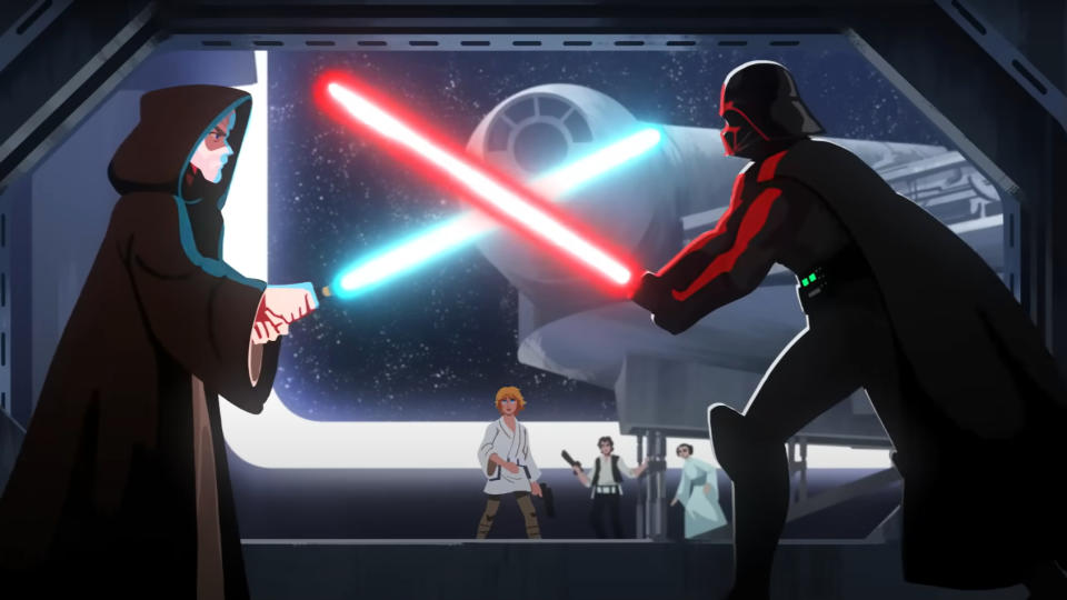 Obi-Wan Kenobi and Darth Vader engage in a lightsaber duel as characters watch