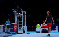 Tennis - ATP Finals - The O2, London, Britain - November 17, 2018 Germany's Alexander Zverev remonstrates with the umpire during his semi final match against Switzerland's Roger Federer Action Images via Reuters/Andrew Couldridge