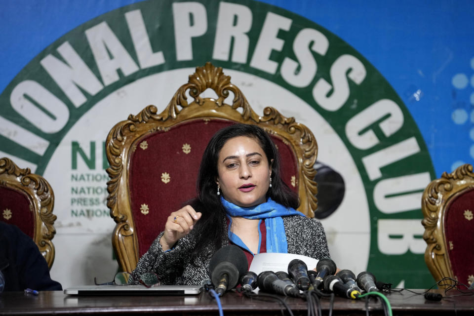 Munizae Jahangir, the co-chairperson at the Human Rights Commission of Pakistan, speaks during a news conference, in Islamabad, Pakistan, Monday, Jan. 1, 2024. Pakistan's rights body said Monday there is little chance of free and fair parliamentary elections next month because of "pre-poll rigging." It also expressed concerned about authorities rejecting most candidates from former premier Imran Khan's party, including Khan himself. (AP Photo/Anjum Naveed)