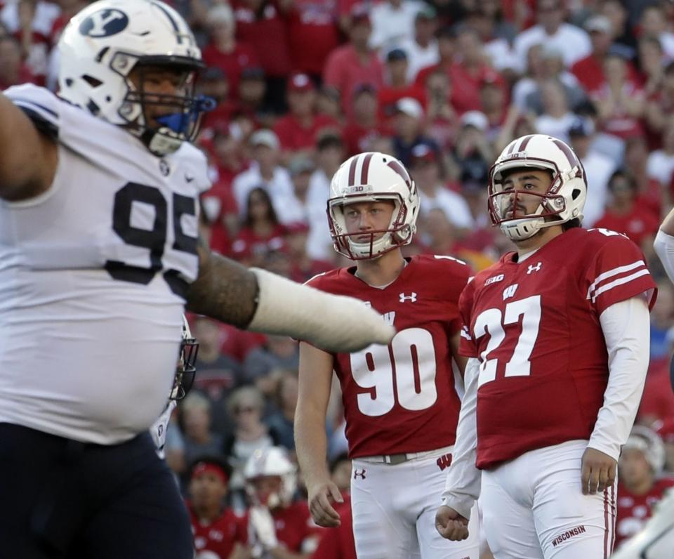 Wisconsin kicker Rafael Gaglianone (27) reacts after he missed a field goal in the final seconds of game against BYU in Madison, Wis. | Morry Gash, Associated Press