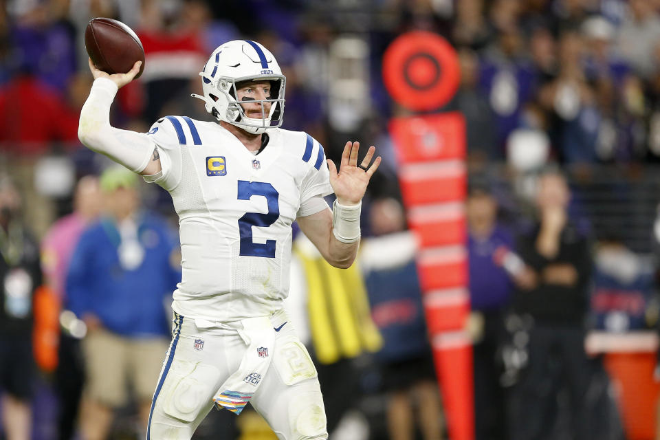 BALTIMORE, MD - OCTOBER 11: Indianapolis Colts Quarterback Carson Wentz (2) in action during and NFL game between the Indianapolis Colts and Baltimore Ravens on October 11, 2021at M&T Stadium in Baltimore Maryland.(Photo by Jeffrey Brown/Icon Sportswire via Getty Images)