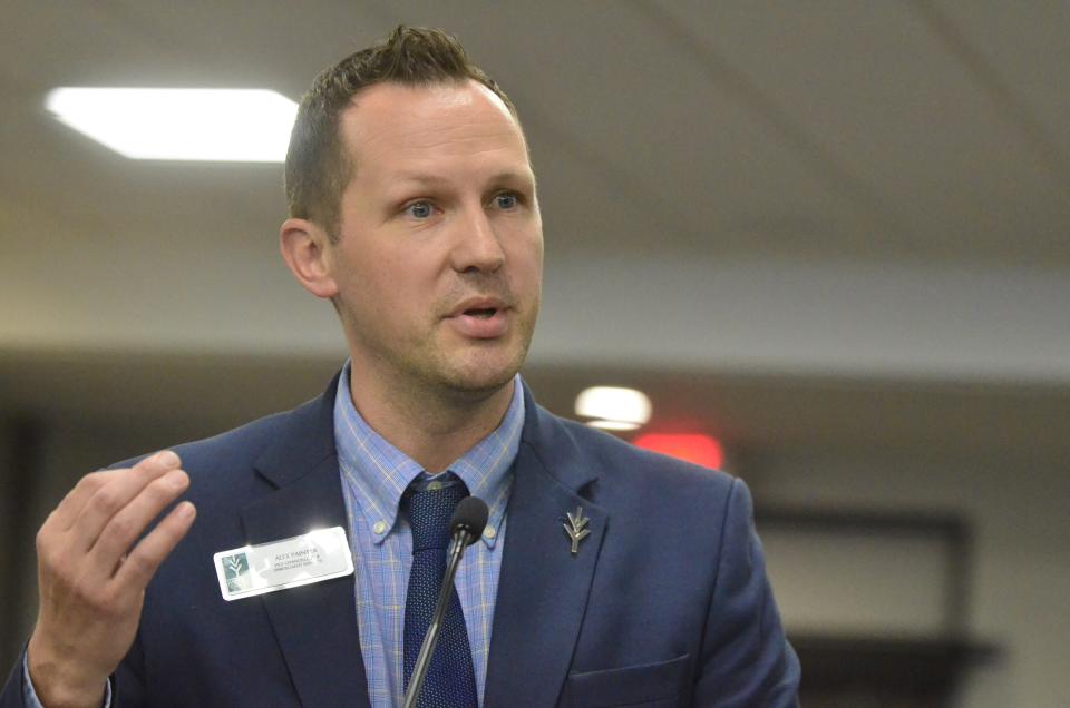 Alex Painter, vice chancellor of enrollment at Ivy Tech, speaks in support to a proposed housing development off South 37th Street in the east side of Richmond at Monday night's Richmond Common Council meeting, April 15, 2024.