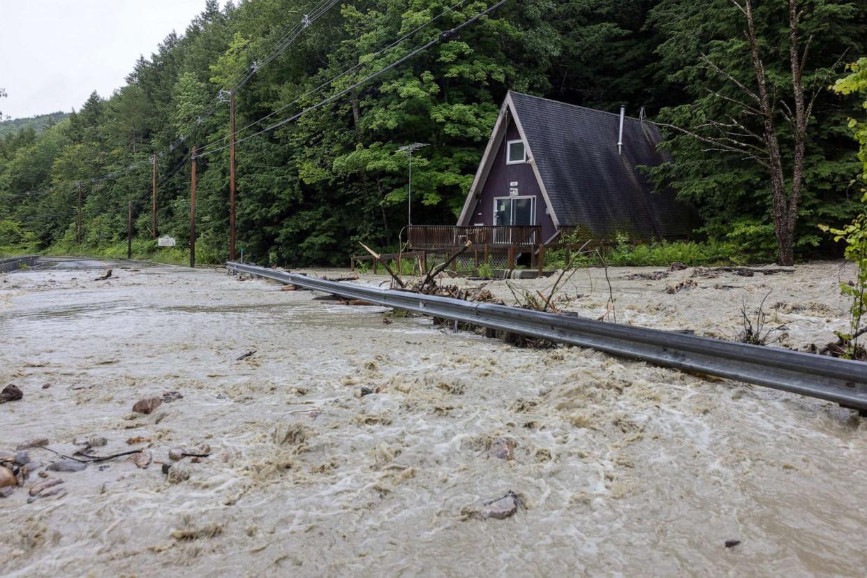 PHOTO: Water floods around a house on Route 11 in Windham, Vermont, on July 10, 2023. (Scott Eisen/Getty Images)