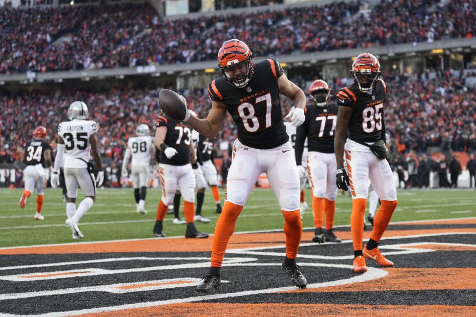 Bengals tight end hit the Ickey Shuffle after scoring the opening touchdown of the playoffs against the Raiders. (AP Photo/AJ Mast)