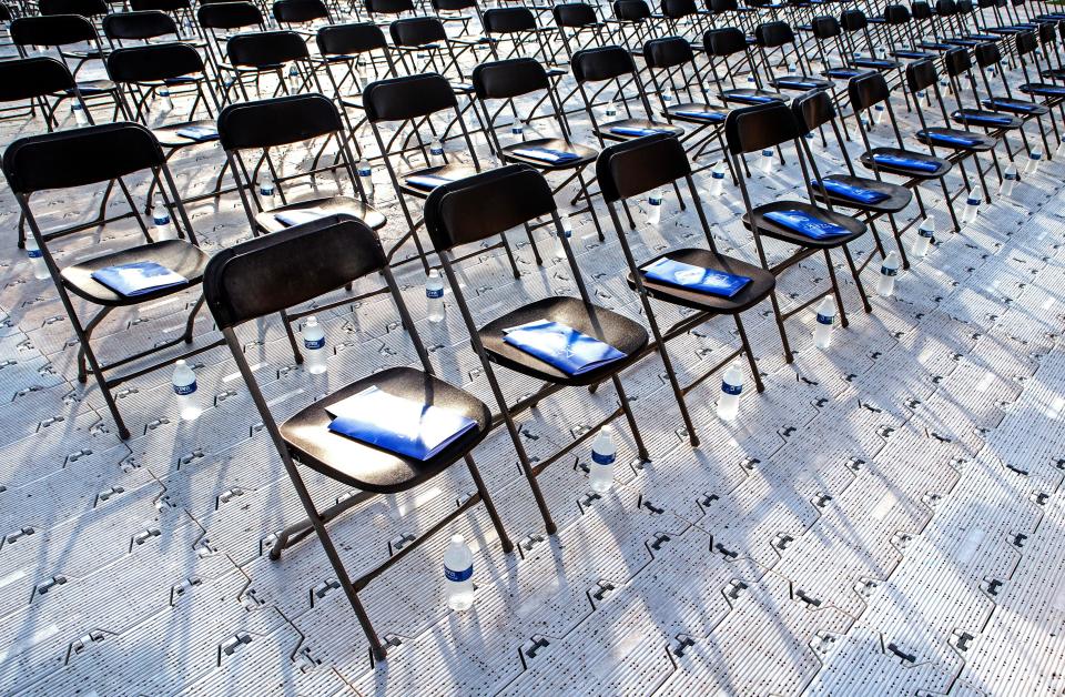 The chairs for the graduating students are featured prior to the start of the Delaware State University 2023 commencement ceremony at Alumni Stadium in Dover, Friday, May 12, 2023.