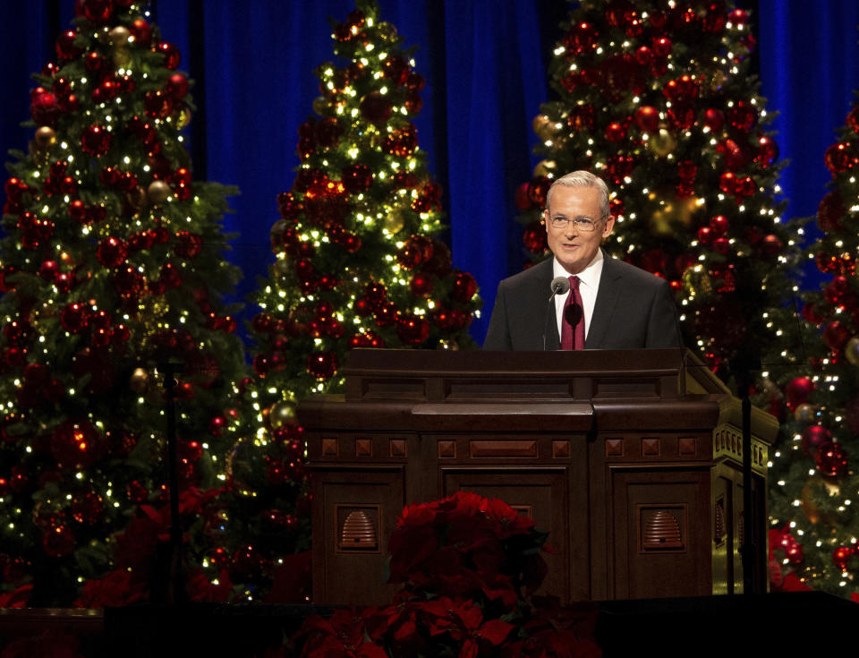 FILE - Elder Patrick Kearon speaks at the First Presidency Christmas Devotional at the Conference Center in Salt Lake City on Sunday, Dec. 8, 2019. The Church of Jesus Christ of Latter-day Saints announced Friday, Dec. 8, 2023, Kearon, the newest member of the faith's top governing body to fill a vacancy when a member died last month will be a man raised in England who had been previously serving on a middle tier leadership council. (Scott G Winterton/The Deseret News via AP)