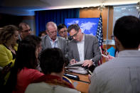 Deputy Spokesperson Robert Palladino speaks with reporters following a news conference at the State Department in Washington, Monday, June 17, 2019. (AP Photo/Andrew Harnik)