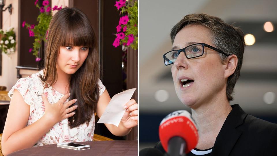 A woman shocked by her restaurant bill on the left, and ACTU boss Sally McManus on the right.