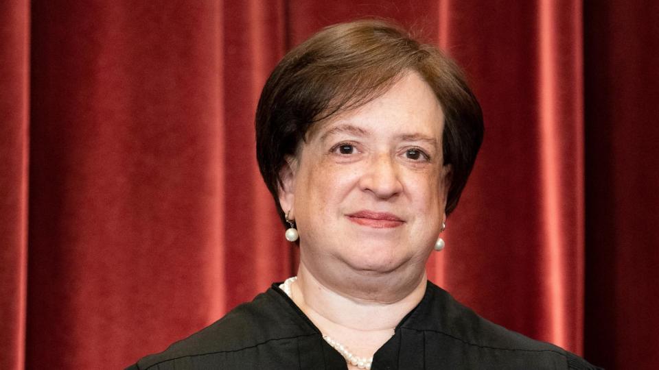 PHOTO: Associate Justice Elena Kagan stands during a group photo of the Justices at the Supreme Court in Washington, DC on April 23, 2021. (Erin Schaff/Getty Images)