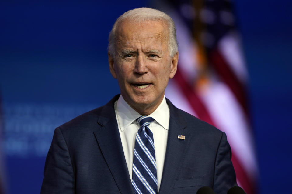 President-elect Joe Biden speaks Tuesday, Nov. 10, 2020, at The Queen theater in Wilmington, Del. (AP Photo/Carolyn Kaster)